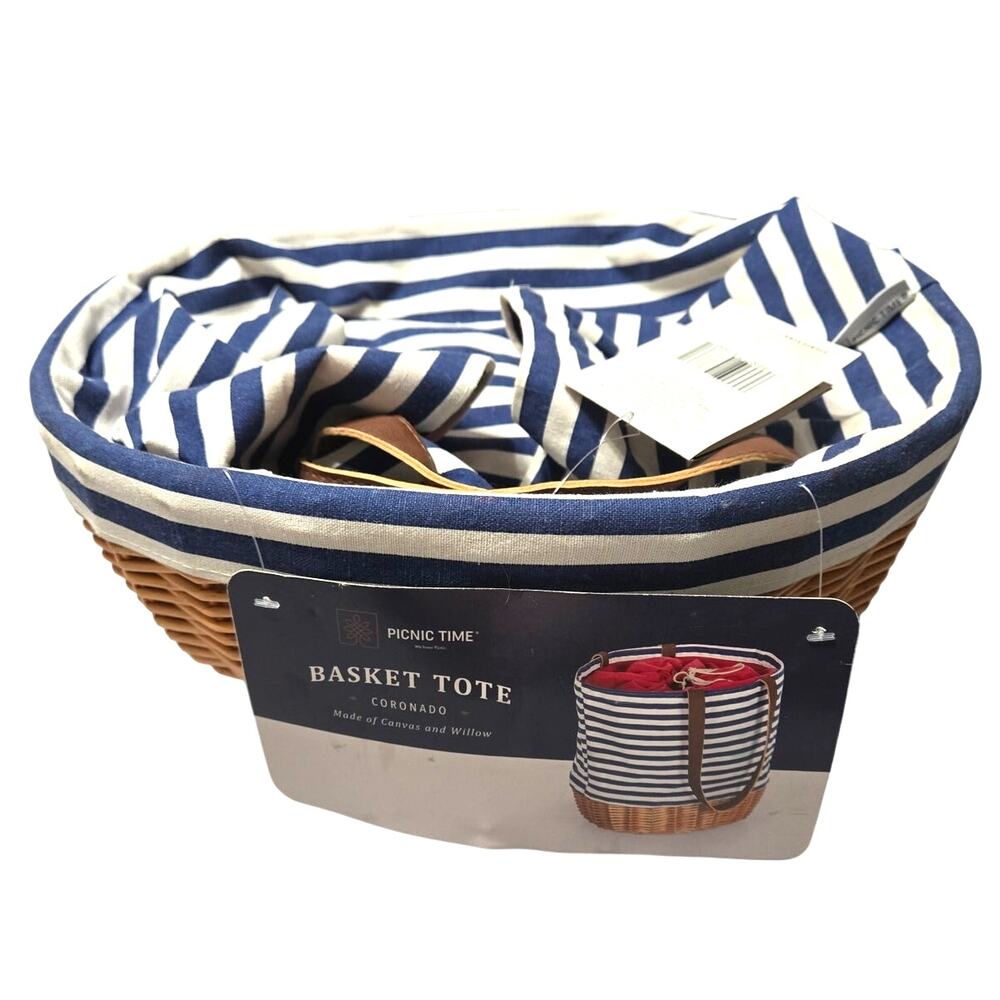 Picnic Time Coronado Canvas and Willow Basket Tote with Navy Blue & White Stripe